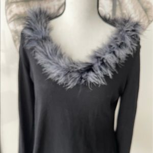 RAG Black Scoop Neck Fur Trim